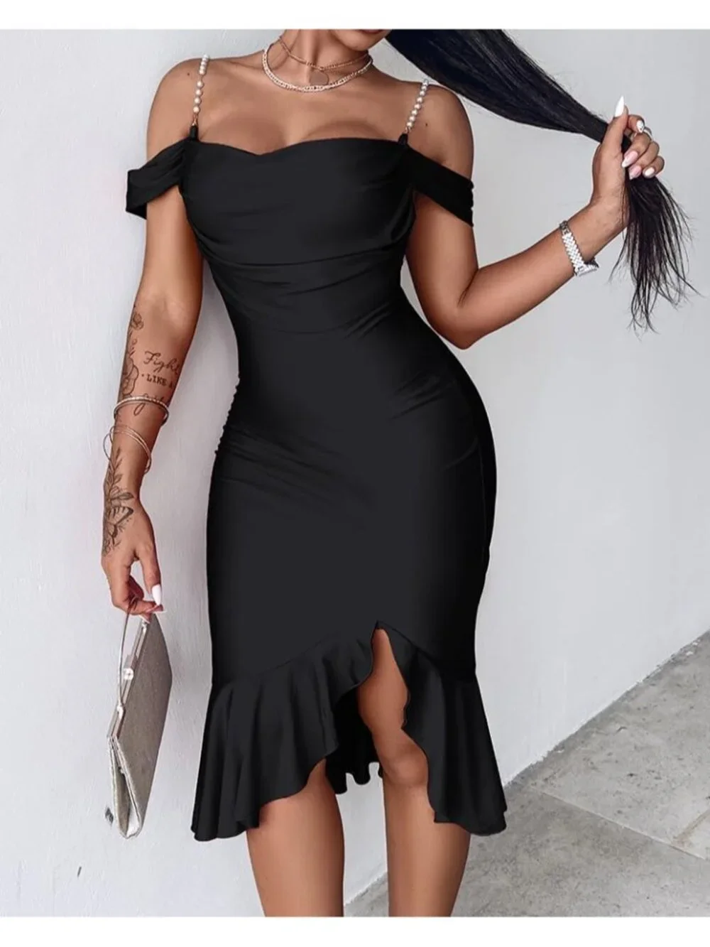 👗Women's Black Off Shoulder Design Cocktail  Pearls Strap Bodycon Midi Dress